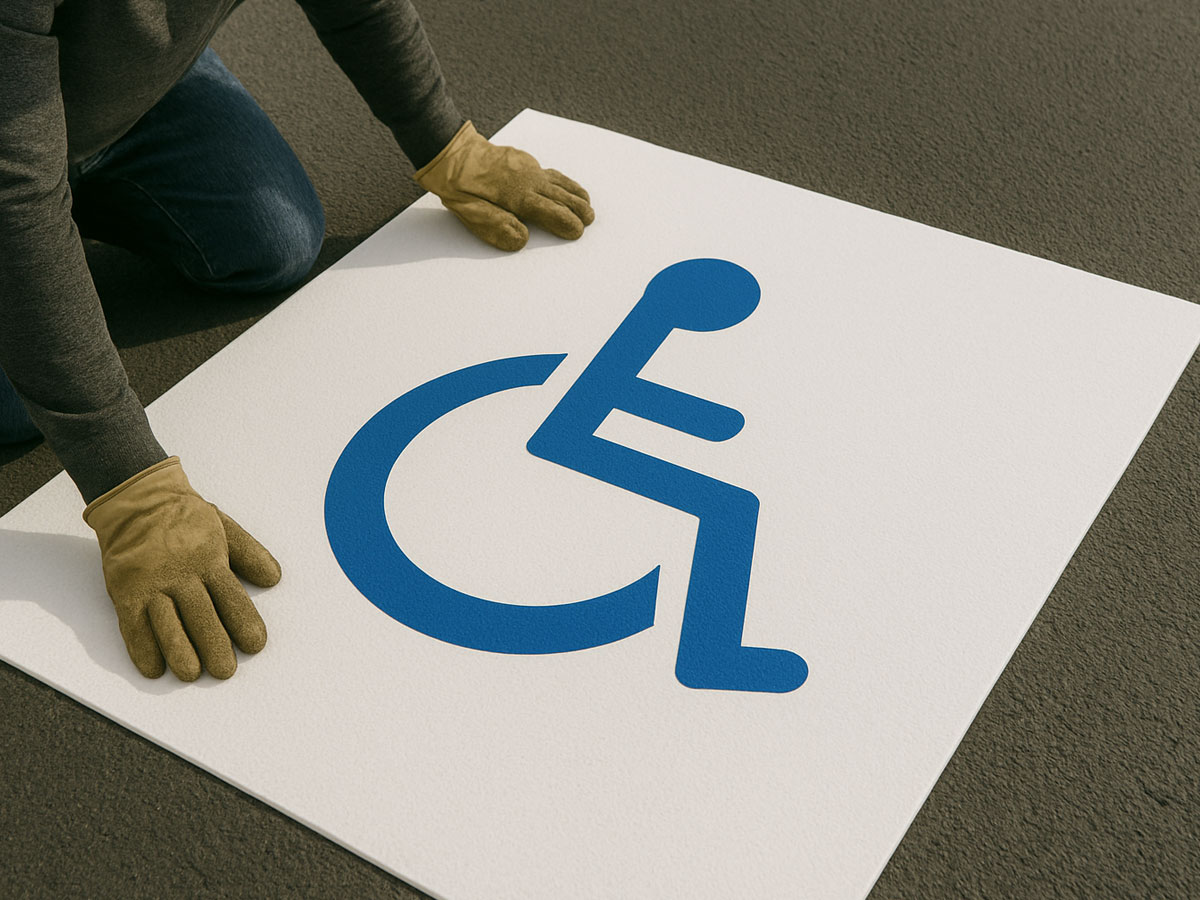 A man laying down an ADA handicap symbol in an asphalt parking lot