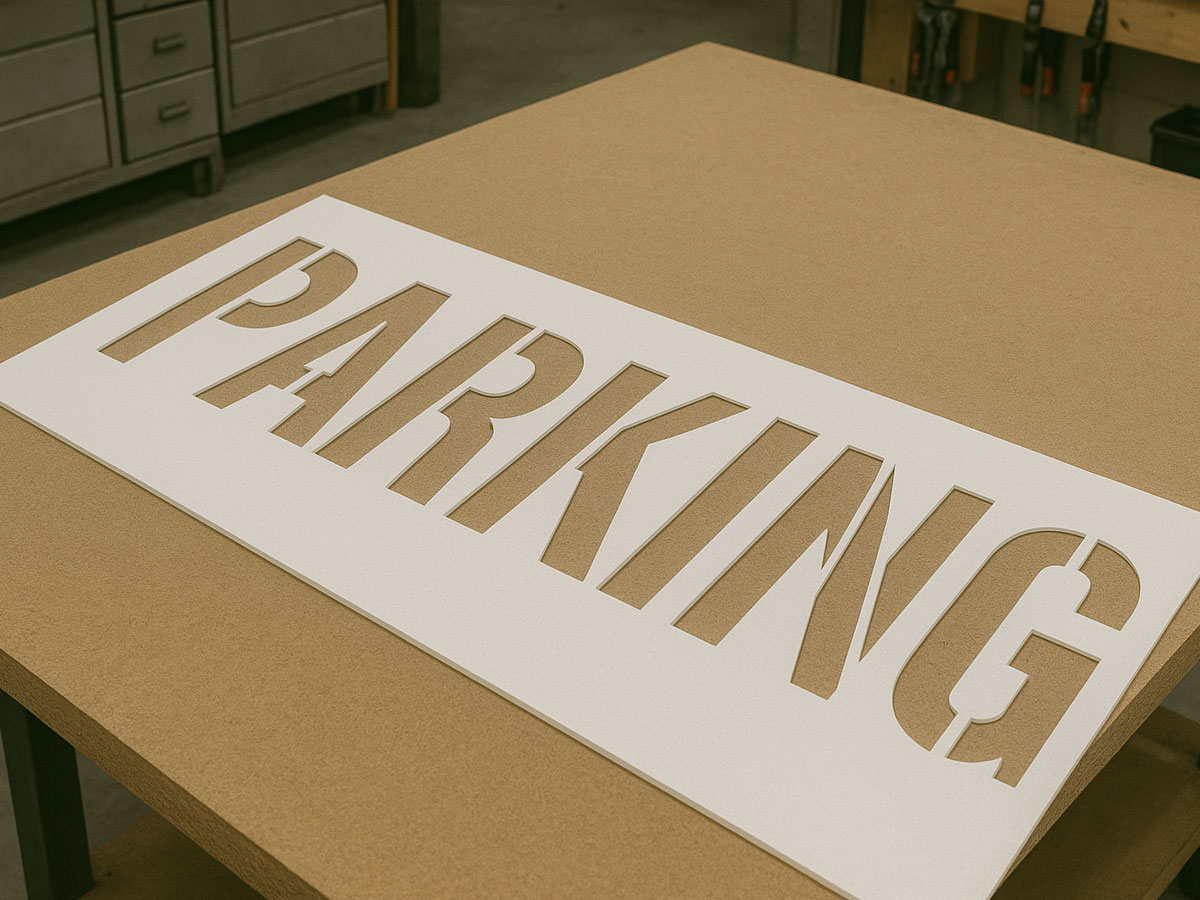 heavy duty cut stencil saying parking on a table in a workshop