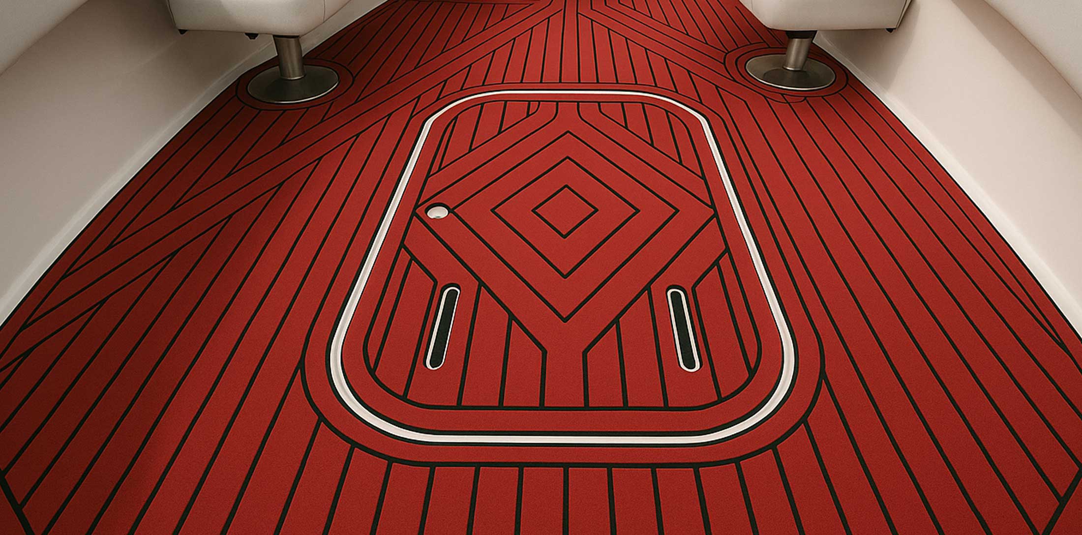 A red and black striped boat deck