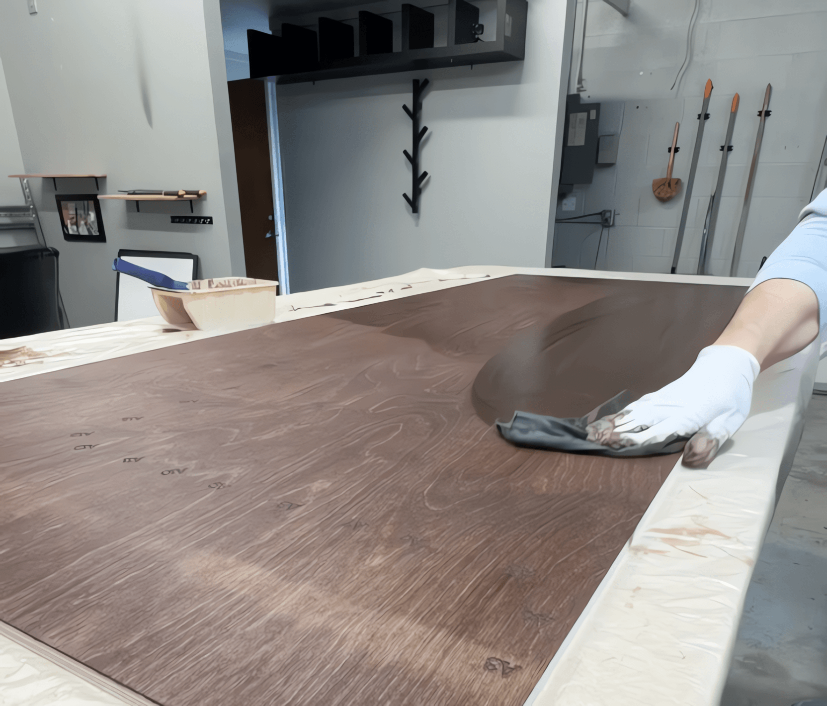 Staining the backing panel in deep mahogany before top-layer assembly